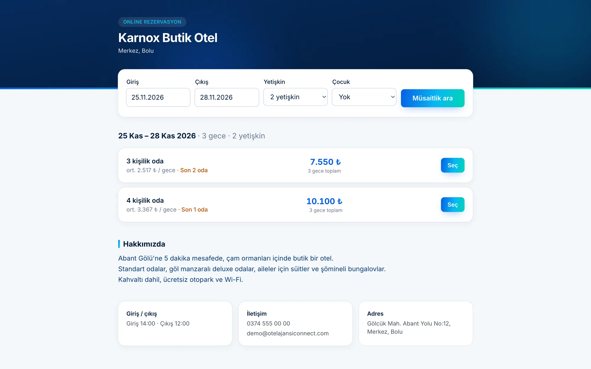 Hotel booking page with available rooms and prices
